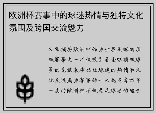 欧洲杯赛事中的球迷热情与独特文化氛围及跨国交流魅力
